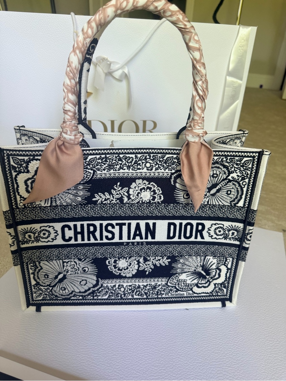 Dior Monarch Black & White Book Tote with Pink Scarf Accent